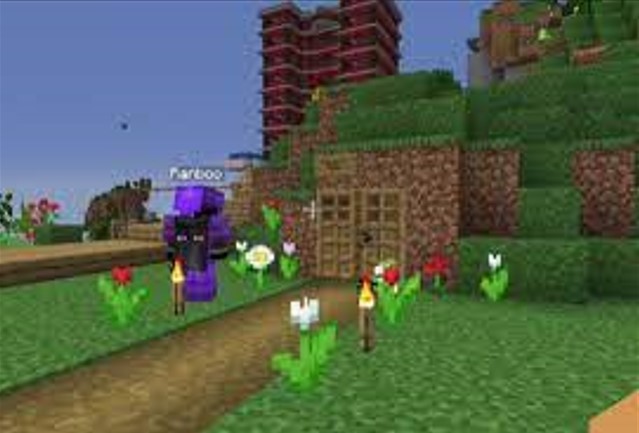 A screenshot from Jack's stream. Ranboo and Jack stand outside Tommy's dirt house. Ranboo has placed several red and white tulips around Tommy's front door.